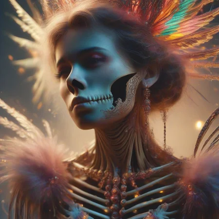 Intricately detailed skeleton voodoo woman,  Vibrant earthen color scheme, masterpiece, best quality, ultra detailed, hires, 8k uhd, cinematic lighting
