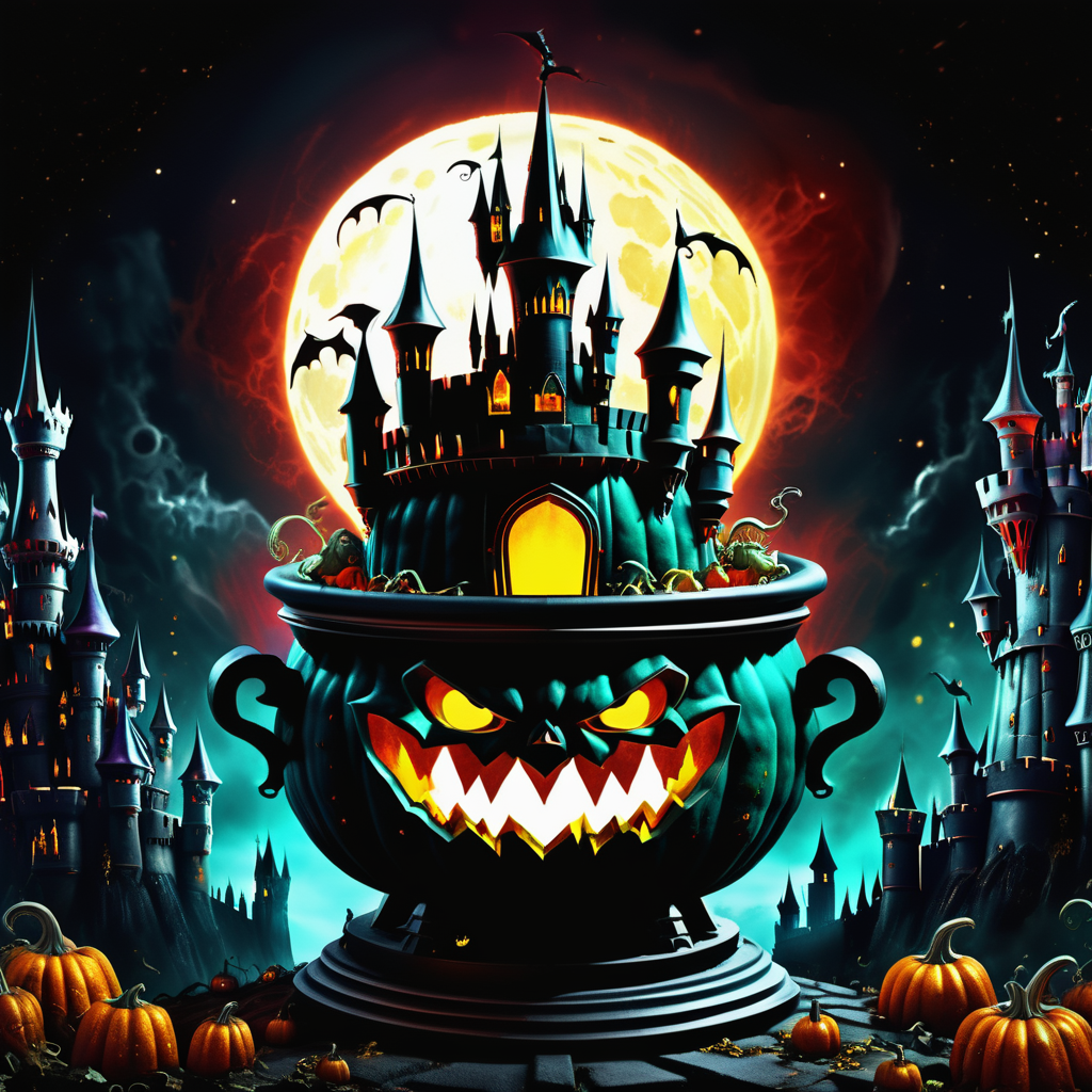 ((realistic,digital art)), (hyper detailed),h4l0w3n5l0w5tyl3DonML1gh7 Vampire's Castle, Witching Hour, Cauldrons, Cauldron, Ephemeral Glow, Dark Surrealism, <lora:h4l0w3n5l0w5tyl3DonML1gh7-v1.1-000008:1>