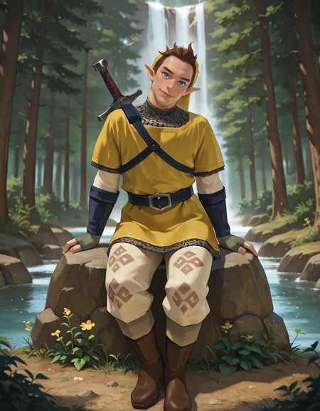 masterpiece, best quality, newest, perfect quality, best quality, detailed background, intricate details, male focus, realistic, <lora:Pipit - Zelda Skyward Sword - Illustrious-000006:0.8> ss_pipit, 1boy, mature male, pointy ears, brown hair, short hair, blue eyes, freckles, yellow hat, yellow tunic, chainmail undershirt, blue fingerless gloves, belt, pants, boots, head tilt, looking at viewer, forest, trees, flowers, scabbard, waterfall, sitting, on rock, contrapposto