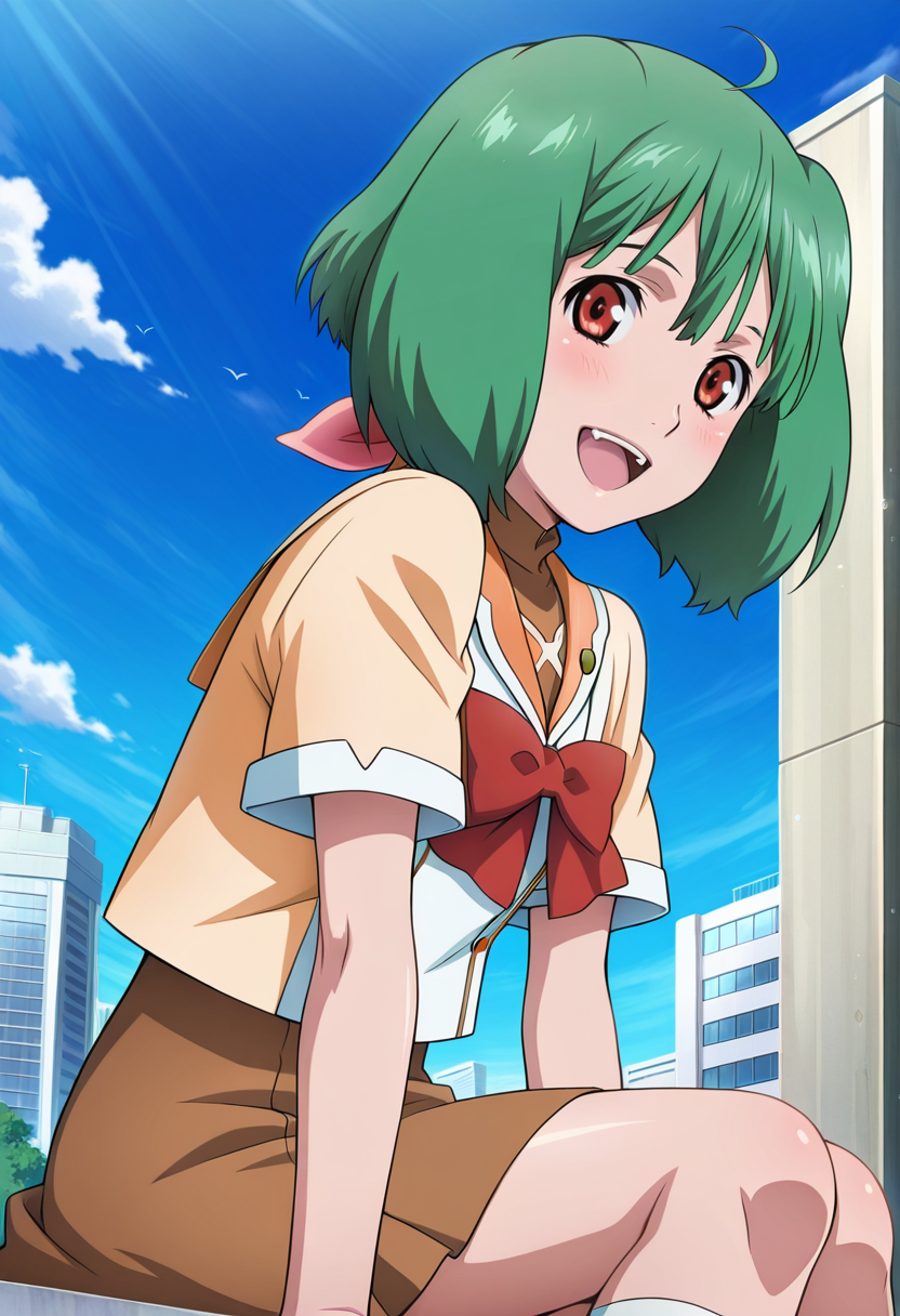 street, cityscape,
BREAK,
open smile,  looking at viewer, sitting,
cowboy shot,
dynamic angle, from side,
BREAK,
 <lora:rankaX_illustriousXL_v01:1>
ranka lee, rankamihoshi, green hair, red eyes, short hair, ahoge, 
school uniform, short sleeves, red ribbon, turtleneck, orange shirt, 
brown skirt, white socks, loafers,, source_anime, very aesthetic, anime coloring, masterpiece, 
best quality, amazing quality, ultra detailed, very aesthetic, 
detailed background, 
BREAK,