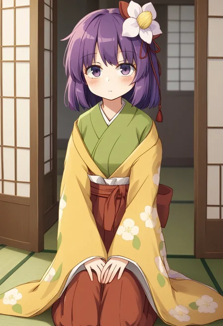1girl, solo, akyuu, hieda_no_akyuu, touhou, hair_flower, green_kimono, long_sleeves, wide_sleeves, white_flower, red_skirt, yellow_kimono, floral_print, hands on own knees, blush, emotionless, sitting, looking at viewer, Japanese room, tobira, slide door, upper body
