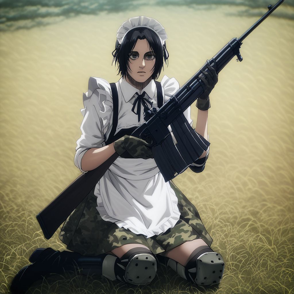 score_9, score_8_up, score_7_up, zPDXL, source_anime, mappastyles4 big breasts,shingeki_no_kyojin_s4_style,gloves, camouflage, rifle, knee pads, maid, apron, maid headdress, thighhighs, military, boots