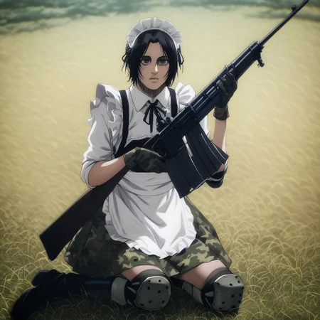 score_9, score_8_up, score_7_up, zPDXL, source_anime, mappastyles4 big breasts,shingeki_no_kyojin_s4_style,gloves, camouflage, rifle, knee pads, maid, apron, maid headdress, thighhighs, military, boots