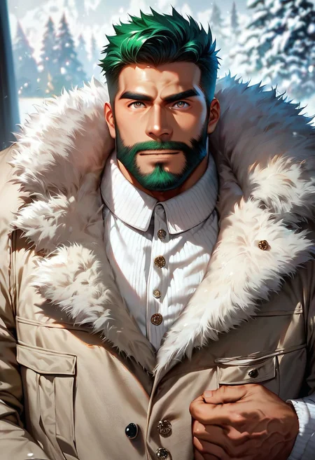 score_9,score_8_up,score_7_up, score_9, score_8_up, Intricate Details, Masterpiece, Best Quality, 1man, mature, bara, solo, male focus, bulky, correct anatomy, perfect hands, stylized seinen anime style, lots of details, shaded skin, shaded, detailed shading, detailed skin, counter shading, tan skin, bodybuilder, dressed for the cold, fur jacket, long sleeves, looking up as snow falls, green hair, brown colored eyes, masculine features, older man, full beard, tour guide