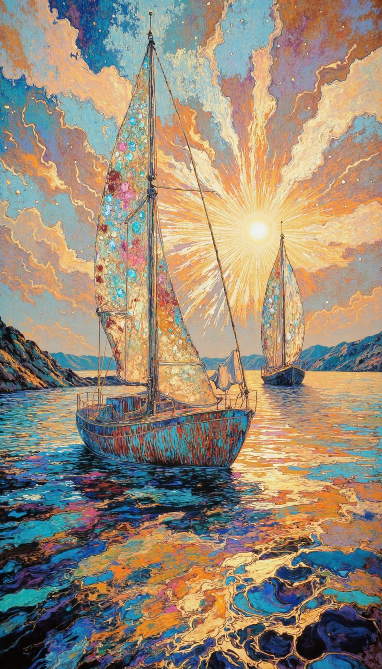 FFAIM,gold dust,DB4RZ style painting,golden cracks on white,mad-glwnggltch, Two sailboats at gilded sunset.  Tessellated, impasto brushstrokes.  Chromatic iridescence on tranquil water reflecting effulgent sun and cerulean, apricot sky.  Dynamic three-quarter shot. Foreground sailboat emphasized; meticulous depiction of rigging.  Background sailboat less defined.  Add subtle, diaphanous clouds tinged with roseate hues. Enhance  luminescence of setting sun. Deepen azure tones in water. Include distant, indistinct shoreline with vestigial landforms.