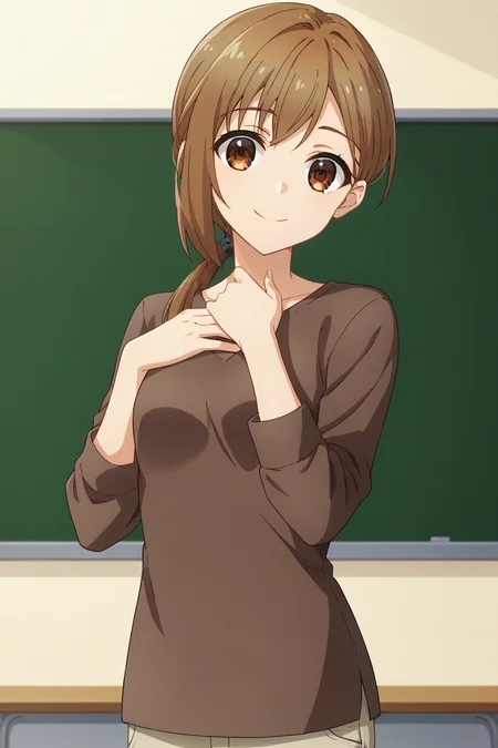 score_9, score_8_up, score_7_up, source_anime, 1girl, prefect lighting, very aesthetic, intricate details, highly detailed background, masterpiece, high quality, prefect hands, best quality, solo,
<lora:Ukai_My_Deer_Friend_Nokotan_V1:.85>, KJOukai, brown hair, brown eyes, low ponytail,
brown shirt, medium sleeves, beige pants,
cowboy shot, dutch angle, hand on chest, smile, head tilt,
classroom,
(Beautiful, small Breasts:1.2), natural breasts,