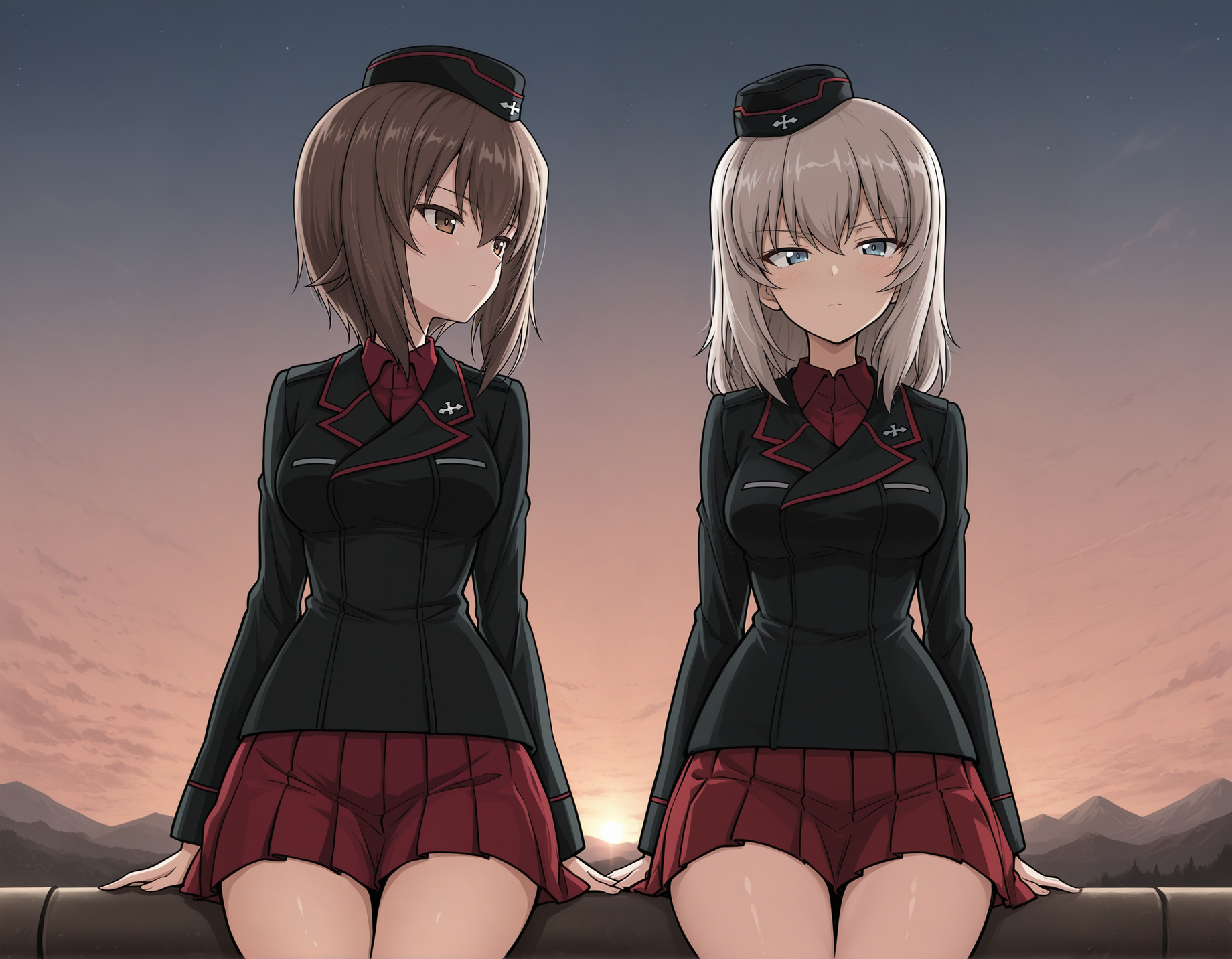 masterpiece,best quality, absurdres, highres,  outside, evening, BREAK <lora:Maho Nishizumi illu:1> mahoillu, dress shirt, kuromorimine military uniform, black jacket, insignia, garrison cap, long sleeves, red pleated skirt, <lora:erika illu:1> erikaillu, kuromorimine military uniform, garrison cap, black jacket, red shirt, dress shirt, insignia, red skirt, wing collar, looking at viewer,