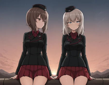 masterpiece,best quality, absurdres, highres, outside, evening, BREAK <lora:Maho Nishizumi illu:1> mahoillu, dress shirt, kuromorimine military uniform, black jacket, insignia, garrison cap, long sleeves, red pleated skirt, <lora:erika illu:1> erikaillu, kuromorimine military uniform, garrison cap, black jacket, red shirt, dress shirt, insignia, red skirt, wing collar, looking at viewer,