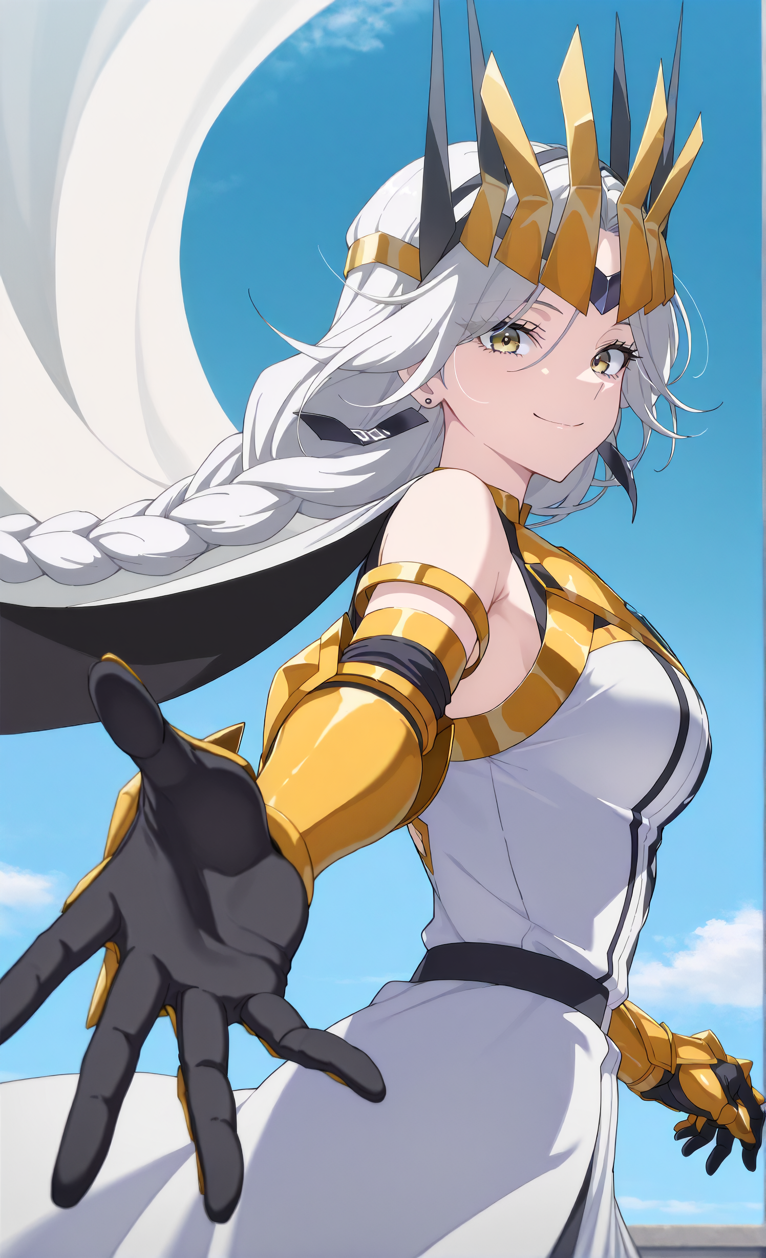masterpiece, sharp detail, intricate detail, 1girl, <lora:To_be_hero_X_-_Queen:0.8> queen \(to be hero x\), black hanafuda earrings, long braid, white cape, black gloves, gauntlets, looking at viewer, white dress, smile, from side, blue sky, (outstretched hand, reaching out, extended arm, perspective hand, reaching towards viewer)