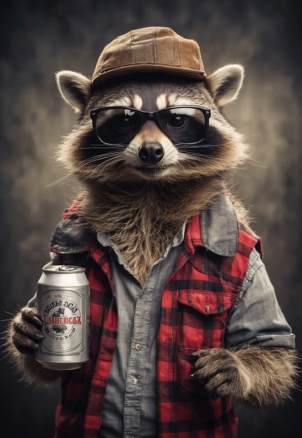portrait of a racoon in a lumberjack outfit, holding one beer can, wearing pilot sunglasses, cool Attitude, little hat, desaturated, dramatic lighting, desaturated background, bokeh, dark theme, soothing tones, depth of field, dramatic backlighting, film grain,