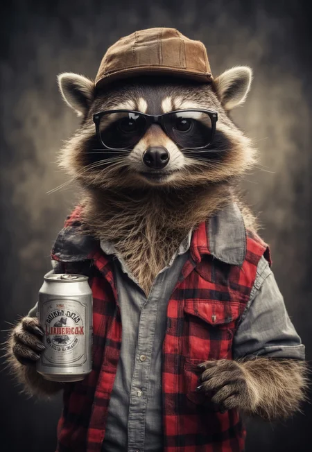 portrait of a racoon in a lumberjack outfit, holding one beer can, wearing pilot sunglasses, cool Attitude, little hat, desaturated, dramatic lighting, desaturated background, bokeh, dark theme, soothing tones, depth of field, dramatic backlighting, film grain,