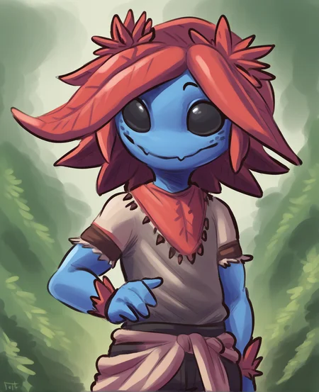 score_9, score_8_up, score_7_up, score_6_up, score_5_up, score_4_up, source_furry, source_anime, starbound, pbi elemental creature, elemental humanoid, flora fauna, floran, humanoid, plant humanoid, black eyes, clothed, clothing, detailed background, male, blue body, blue skin, hair, jewelry, leaf, leaf hair, outside, red hair, plant, plant hair, pseudo hair, slim, smile, solo, looking at viewer, tribal, tribal clothing, empty eyes, full-length portrait, topwear, fully clothed,
<lora:floran_pdxl:1>