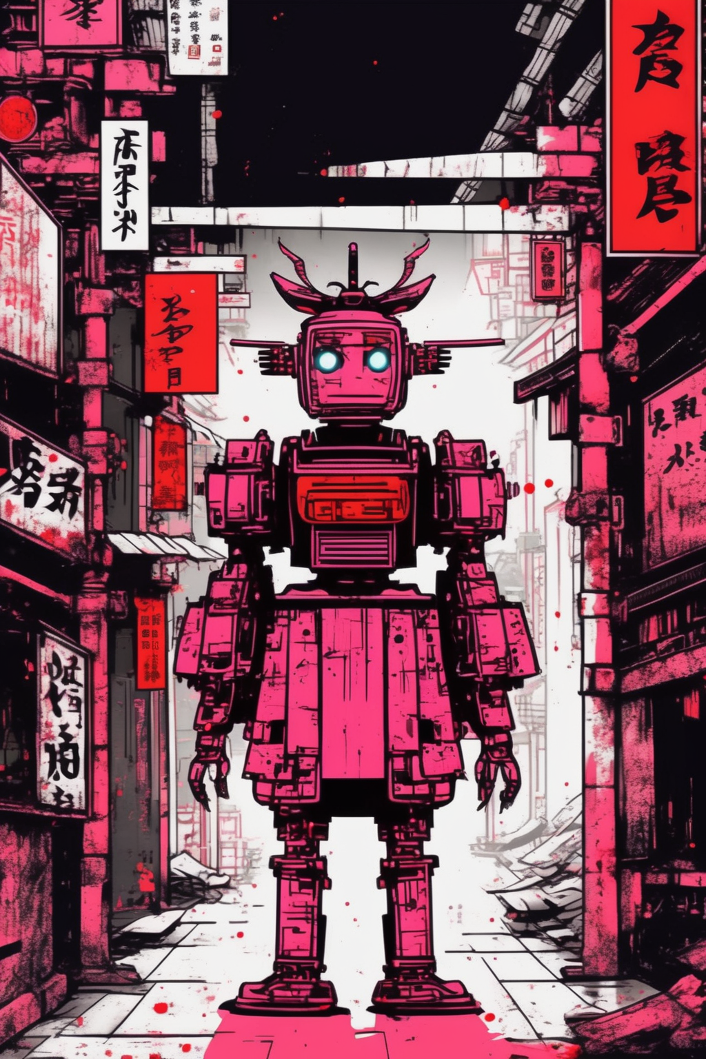 <lora:Liam Wong Style:1>Liam Wong Style - Ray Collins Japanese robot geisha in an alley retro future city punk rock style Frank Miller high contrast colours one line art style