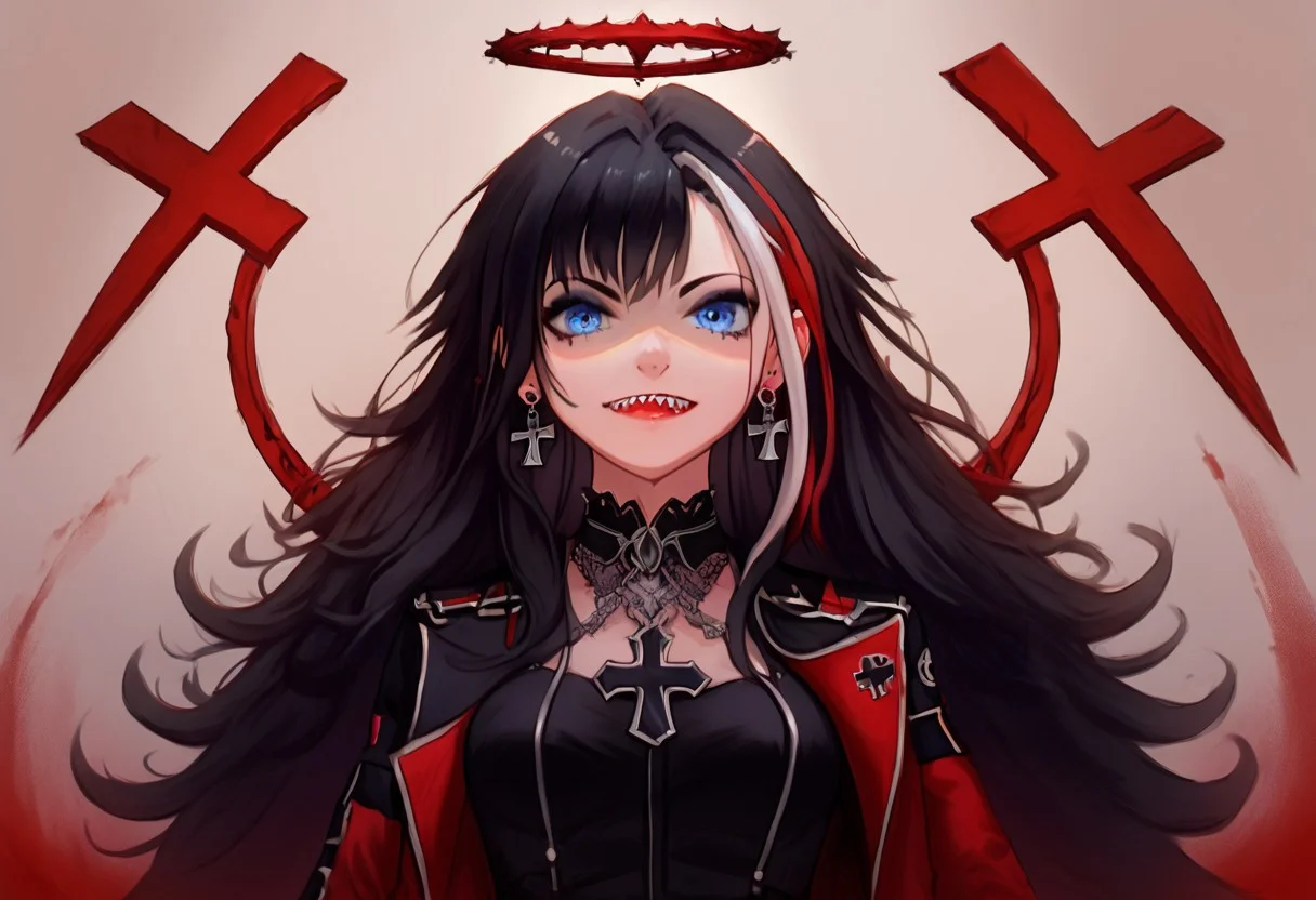 score_9, score_8_up, best quality, seraziel, Black Hair, Long hair, Streaked Hair, Multicolored Hair, Blue Eyes, 1girl, very aesthetic, masterpiece, 8k, black dress, deutschland, iron blood \(emblem\), military clothes, german jacket, goth, iron cross, cross earrings, iron cross earrings, sharp teeth, background halo, five fingers, perfect hands, ultra-detailed, aesthetic, illustration, intricate details, absurdres, (hires textures: 1.4), (best quality, high detail:1.4), (incredibly detailed:1.4), vivid colors, detailed face, (gorgeous lips: 0.2), perfect skin, perfecteyes, solo, (atletic body:0.9)