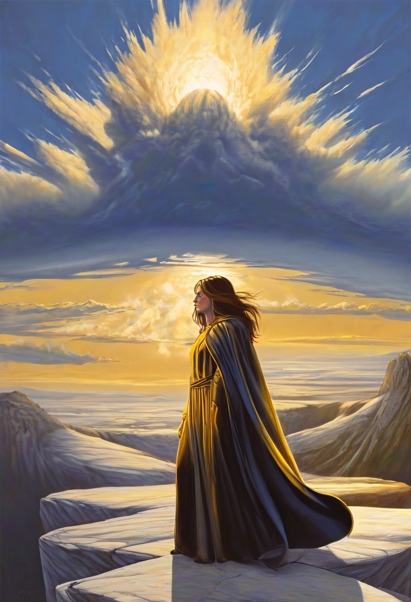 1woman, blonde hair, the grim reaper, facing away, rocky hill, standing, black robe blowing in the wind, clouds, sky, sunset, stars, cosmic, in meditation, ultra detailed landscape, bright yellow energy surrounding surrounding her, volumetric lighting, ultra detailed clothes, ultra detailed body, ultra detailed hair, an ancient city made of blue crystals is in the distance, serenity, holding a sword, glowing,
by Natalia Rak and Barclay Shaw in the style of Jessica Rossier,  <lora:EnvyAnimeWatercolorXL02:0.60> ,   Elmore_Style_LX <lora:Elmore_Style_LX-000011:0.60>