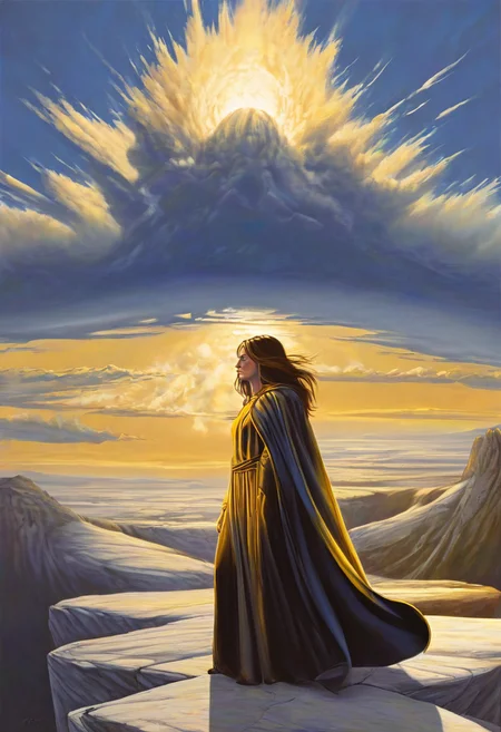 1woman, blonde hair, the grim reaper, facing away, rocky hill, standing, black robe blowing in the wind, clouds, sky, sunset, stars, cosmic, in meditation, ultra detailed landscape, bright yellow energy surrounding surrounding her, volumetric lighting, ultra detailed clothes, ultra detailed body, ultra detailed hair, an ancient city made of blue crystals is in the distance, serenity, holding a sword, glowing,
by Natalia Rak and Barclay Shaw in the style of Jessica Rossier,  <lora:EnvyAnimeWatercolorXL02:0.60> ,   Elmore_Style_LX <lora:Elmore_Style_LX-000011:0.60>