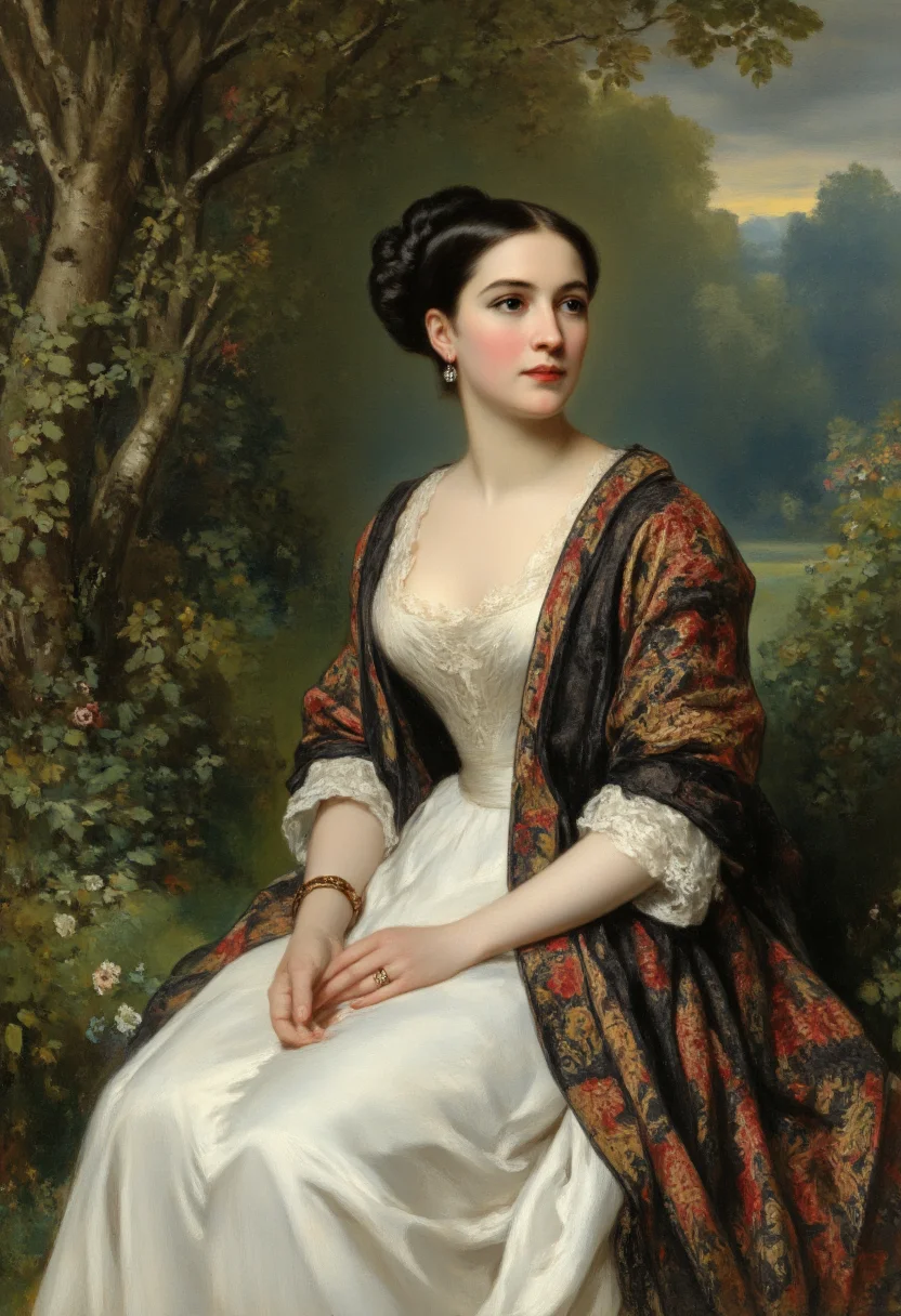 FS. This is a detailed, highly realistic oil painting by the 19th-century artist, John Everett Millais, created in the Pre-Raphaelite style. The painting depicts a serene woman seated outdoors, surrounded by lush, dark green foliage and a serene natural landscape. She is dressed in an elegant, flowing white gown with a subtle sheen, indicative of silk or satin, which cascades down to her feet. The gown is adorned with intricate lace at the sleeves and neckline.
She wears a dark, richly textured shawl with intricate red and gold paisley patterns, draped over her shoulders, adding a touch of warmth and vibrancy to the cool tones of her attire. Her dark hair is styled in an elegant, neat bun at the back of her head. She gazes calmly and slightly upwards, with a serene expression.<lora:FS_v2:0.9> <lora:Paintbrush:0.7> <lora:aidmaImageUpraderv0.3:0.5>