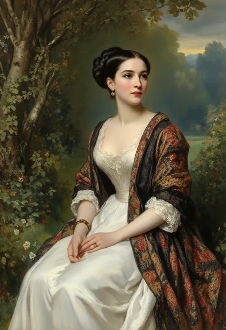 FS. This is a detailed, highly realistic oil painting by the 19th-century artist, John Everett Millais, created in the Pre-Raphaelite style. The painting depicts a serene woman seated outdoors, surrounded by lush, dark green foliage and a serene natural landscape. She is dressed in an elegant, flowing white gown with a subtle sheen, indicative of silk or satin, which cascades down to her feet. The gown is adorned with intricate lace at the sleeves and neckline.
She wears a dark, richly textured shawl with intricate red and gold paisley patterns, draped over her shoulders, adding a touch of warmth and vibrancy to the cool tones of her attire. Her dark hair is styled in an elegant, neat bun at the back of her head. She gazes calmly and slightly upwards, with a serene expression.<lora:FS_v2:0.9> <lora:Paintbrush:0.7> <lora:aidmaImageUpraderv0.3:0.5>