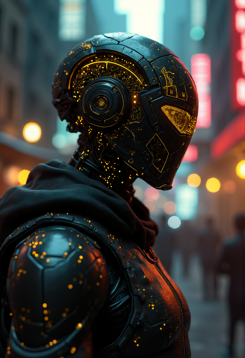 cinematic film still professional 3d model professional 3d model concept art (style of Android Jones), (visionary art), (man portrait) ((A black and gold, humanoid bounty hunter, clad in a reinforced exoskeleton and adaptive techwear, stalking their prey through the dark, neon-lit alleyways of a cyberpunk city), (cyborg head),()  infinite (fractal:1.3), abstract dream, wild, complex, neuronal network, (extremely detailed:1.6), photorealism, sharp focus, (masterpiece:1.4), 4k octane render, (vibrant colors:1.2) macro (((symmetrical head outlines))) . glitch effect, VHS quality, disintegrating pixelated into surrealist background  . octane render, highly detailed, volumetric, dramatic lighting . octane render, highly detailed, volumetric, dramatic lighting  . shallow depth of field, vignette, highly detailed, high budget, bokeh, cinemascope, moody, epic, gorgeous, film grain, grainy