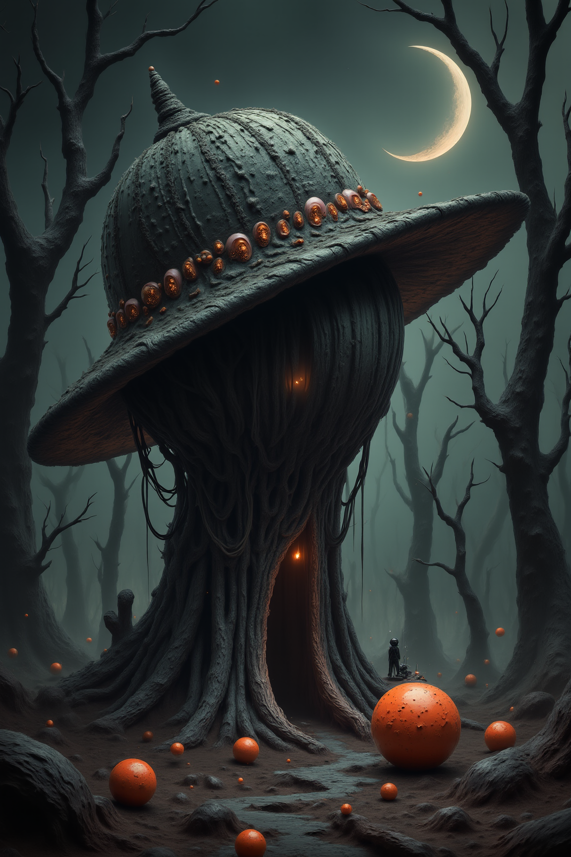 yfg-sm0rg, A hat, set in a dark, eerie landscape with barren trees and a crescent moon, featuring scattered orange spheres and a small figure in the foreground, emphasizing the unsettling, nightmarish quality with bold contrasts of dark and bright colors, and detailed textures enhancing the creepy with intricate textures and vibrant colors. The scene should include a rich variety of elements, each contributing to the overall atmosphere. Lighting should be soft, diffused, and natural, enhancing the depth and realism of the scene. The mood is to be calm yet vibrant, creating a sense of serenity and wonder. Every detail in the scene should be meticulously rendered, emphasizing the contrast between light and shadow, and capturing the fine textures and subtle gradients. The color palette should be carefully chosen to evoke emotion, with each hue enhancing the aesthetic appeal of the overall composition. The final image should be immersive and captivating, drawing the viewer into its intricately detailed world.