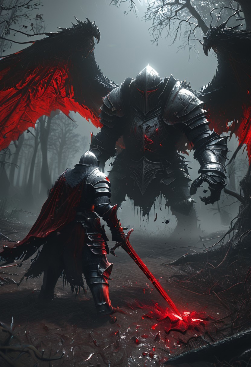 The Blood Knight of Ashen Hollow: In a cursed forest where the trees bleed and the ground is soaked in crimson, the hero faces a vampiric knight, clad in dark armor. With every hit, the knight regenerates by siphoning the blood from the earth itself. The hero, a holy cleric, must cleanse the battlefield with divine light while dodging the knight’s swift, deadly strikes in a fight where darkness and light clash,
Bosstyle<lora:CyberRealistic_Negative-neg:1>  <lora:detailed_notrigger:1>  <lora:XL_boss_battle:1>
