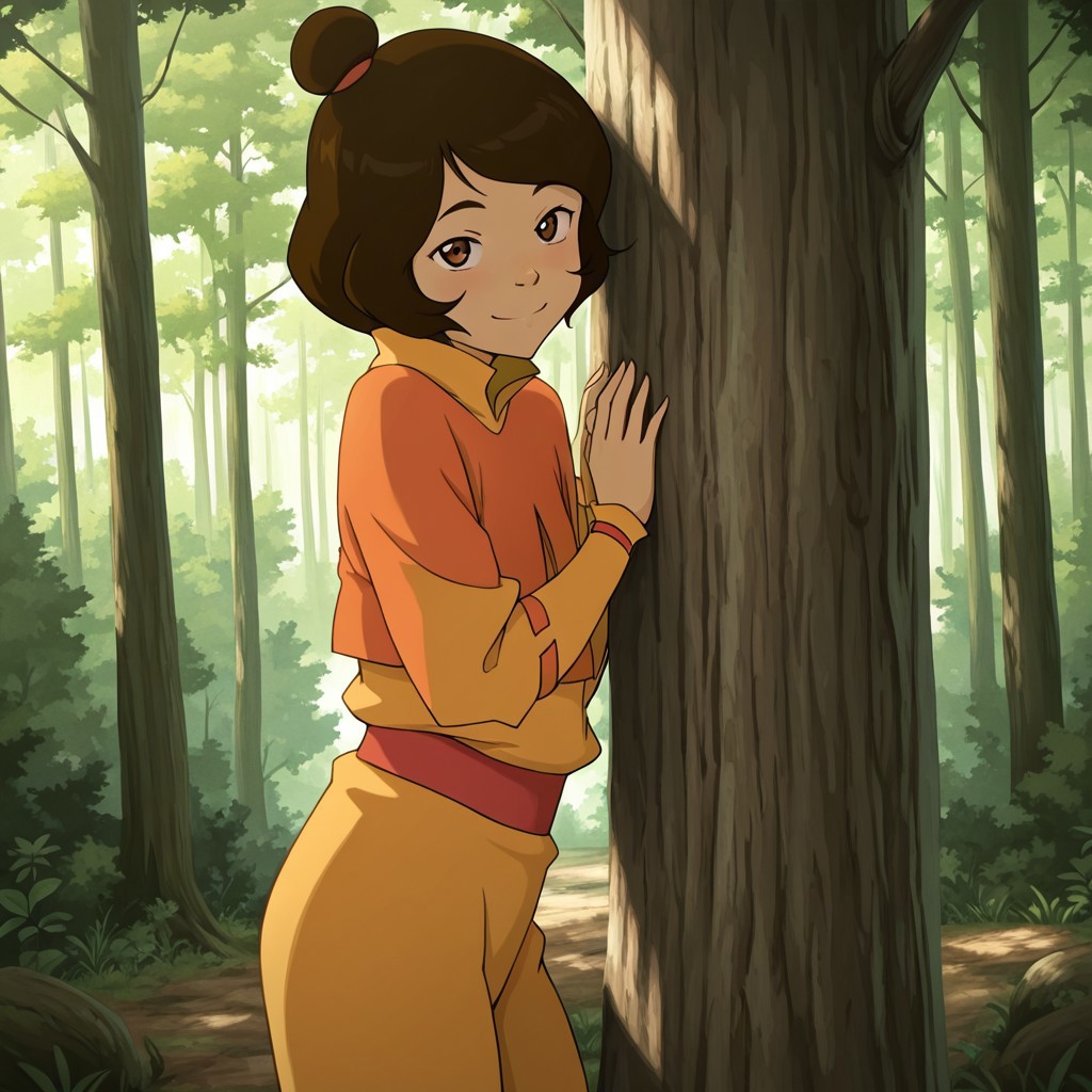 masterpiece, best quality, break, jinora_k, short hair, brown hair, brown eyes, single hair bun. monk clothes, smile, looking at viewer, leaning on tree, forest, natural lighting