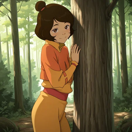 masterpiece, best quality, break, jinora_k, short hair, brown hair, brown eyes, single hair bun. monk clothes, smile, looking at viewer, leaning on tree, forest, natural lighting