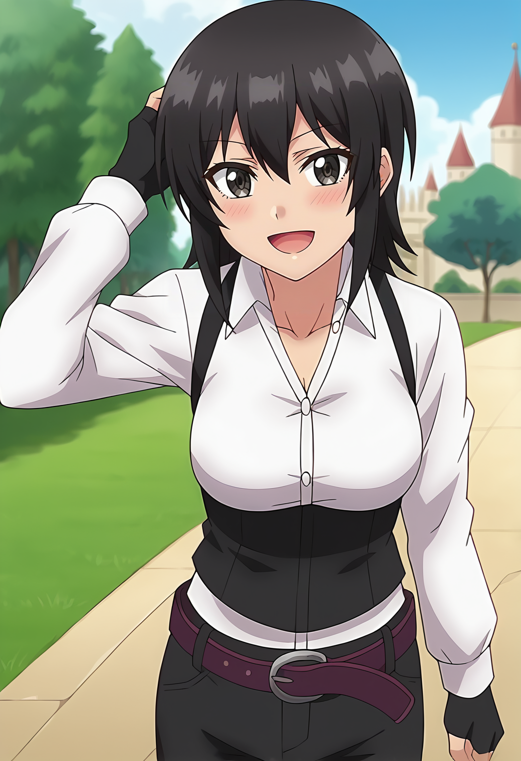 score_9, score_7_up, hd, (ultra hd quality details), source_anime, outdoors, castle,
solo, 1girl, black hair, elnakakushi, medium breasts, anime screencap,
white shirt, long sleeves, collared shirt, black vest, black gloves, fingerless gloves, belt, black pants,
looking at viewer, blush, smile, open mouth, 
standing, dutch angle, hand in own hair, 
<lora:_elna_stongs-elesico-ponyv2-rev4:1>