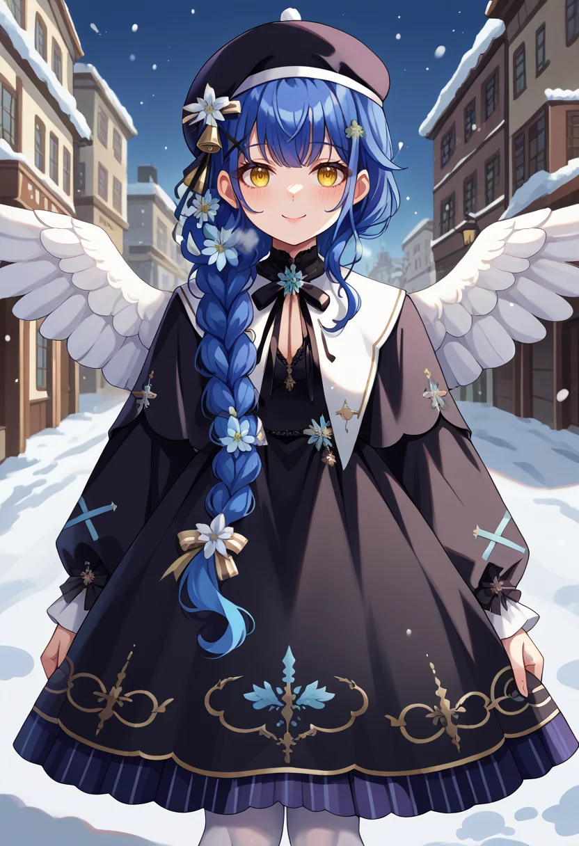 score_9, score_8_up, source_anime, 1girl, solo, KokoroChrstm, yellow eyes, blue hair, long hair, single braid, hair flower, black beret, hat ribbon, x hair ornament, white capelet, neck ribbon, black dress, long dress, long sleeves, white pantyhose, feathered wings, outdoors, street, snow, winter, smile, visible breath, <lora:ChamAmamiyaKokoroPonyXL:1>