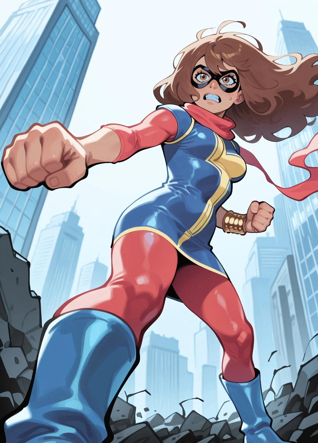 masterpiece, best quality, amazing quality, very aesthetic, absurdres, newest, detailed eyes, JJFrenchiestyle, 6l005, (vibrant colors),
1girl, mmkamalakhan, brown hair, bangs, brown eyes, dark-skinned female, brown eyes, long hair, dress, sleeves, scarf, bracelet, (domino mask), red pantyhose, blue boots, medium breasts,
Punching, serious, nervous, teeth, looking ahead, view from below, close up,
New York city, wreckage, skyscraper, detailed background,,