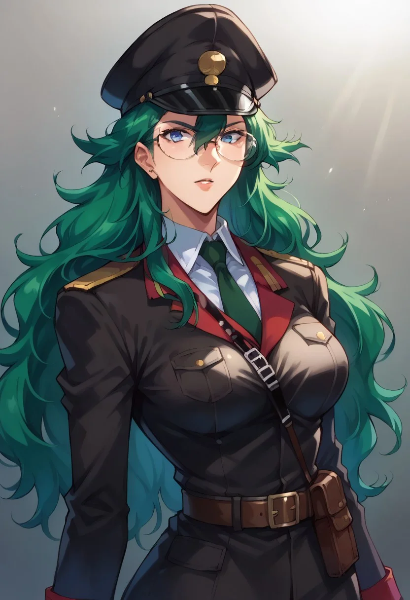 Score_9_up, score_8_up, score_7_up, source_anime, BREAK 1girl, solo, natzabi, long hair, green hair, hair between eyes, Glasses, breasts, hourglass figure, military uniform, tie, military cap, pants, Belt,