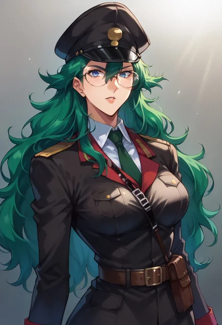 Score_9_up, score_8_up, score_7_up, source_anime, BREAK 1girl, solo, natzabi, long hair, green hair, hair between eyes, Glasses, breasts, hourglass figure, military uniform, tie, military cap, pants, Belt,