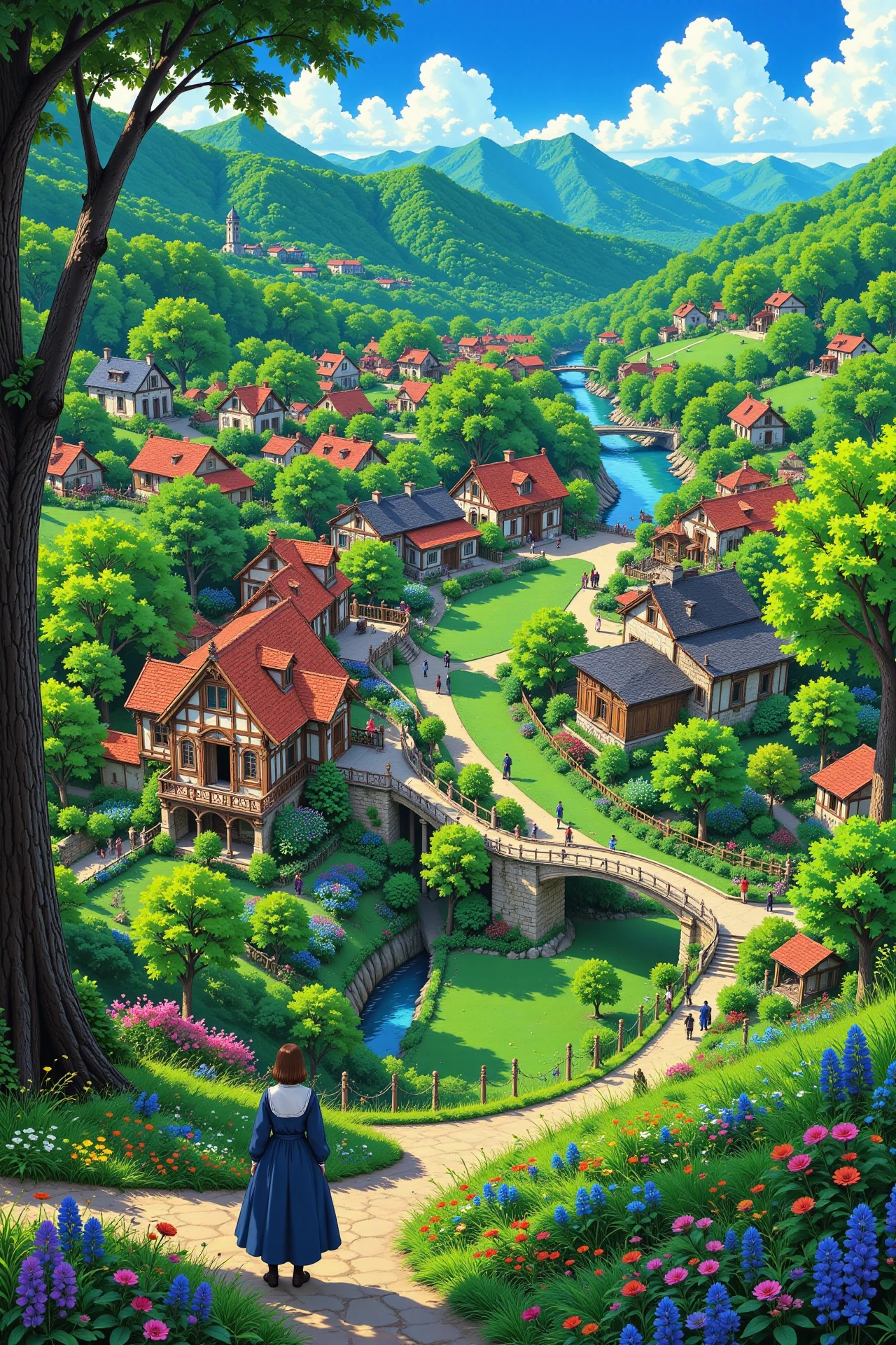 village beautiful  landscape, day, woman, very intricate, very detailed, sharp, bright, colorful, <lora:Hand v2:0.5> <lora:Anti-Blur:1><lora:Insane Detail Slider:0.25>  <lora:flux.1_lora_flyway_Epic-detail_v2:0.3> <lora:fluxenhancer:0.25> <lora:Anime_style:0.6> anime style