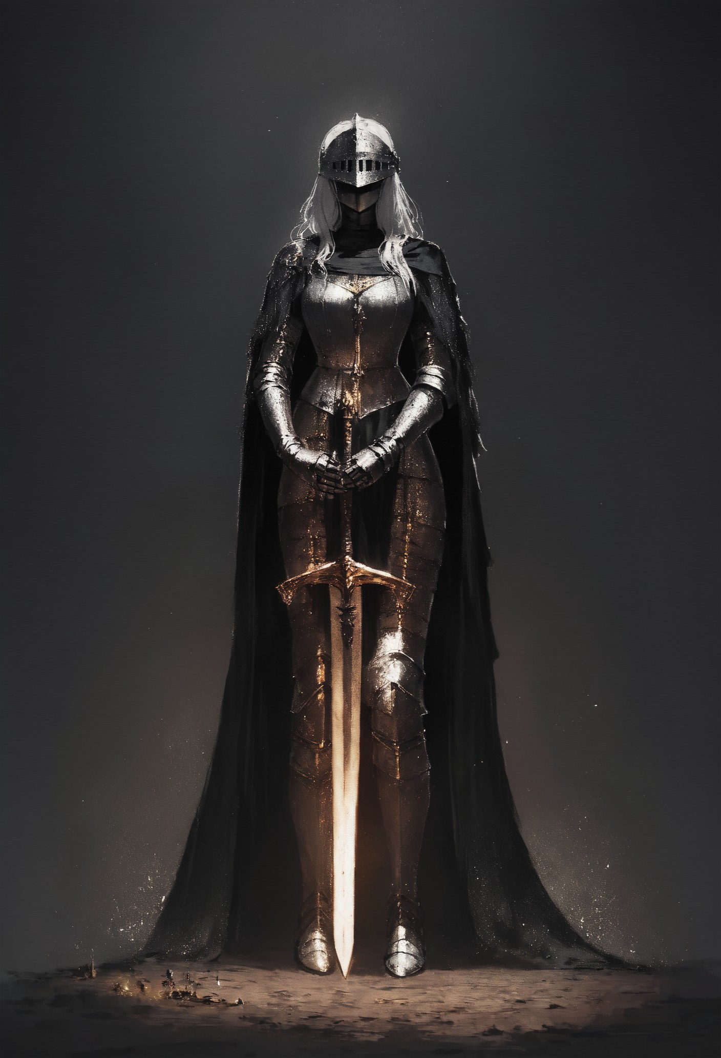 score_9, score_8_up, score_7_up,  female, full body, dark knight, long white hair, beautiful face, bulky, heavy, helmet, visor helmet, medieval, dark theme, armor, giant golden sword, golden trim, black cape  <lora:pony/concept_art_ultimatum_style:0.8> <lora:sdxl/sinfully_stylish_sdxl>