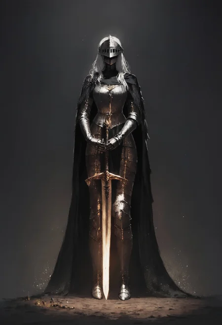 score_9, score_8_up, score_7_up, female, full body, dark knight, long white hair, beautiful face, bulky, heavy, helmet, visor helmet, medieval, dark theme, armor, giant golden sword, golden trim, black cape <lora:pony/concept_art_ultimatum_style:0.8> <lora:sdxl/sinfully_stylish_sdxl>