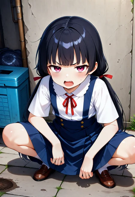 masterpiece, best quality, high quality, highres, absurdres, insanely detailed, amazing quality, very aesthetic, newest, Anime screencap, zPDXL3, sfw
<lora:Hyper-SDXL-8steps-lora:1> <lora:StS-Illustrious-Detail-Slider-v1.0:3>
1girl, solo, black hair, bangs, Straight bangs, blunt bangs, hime cut, long hair, straight hair, low twintails, long pigtails, hair tie,
dress, blue dress, white blouse, neck ribbon, bule ribbon, suspenders, suspender skirt, white socks, shoes, Loafer
<lora:slav_squatting_pony_IL_v1:1>
slav_squatting, squatting, half-closed eyes, angry, frown, glaring, shouting, open mouth, pov, looking at viewer, front view,
outdoor, Alley, slum, cobblestone floor, Dirty floors littered with trash, Graffitied wall,