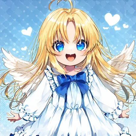 score_9, score_8_up, score_8, score_7_up, 
1girl, solo, AEFilo, blue eyes, blonde hair, ahoge, long hair, white wings, blue bowtie, white dress, frilled dress, frilled sleeves, long sleeves, barefoot, polka dots background, smile, open mouth, close shot, cute girl, looking at viewer,
cute, kawaii, hearts, heart in mouth,