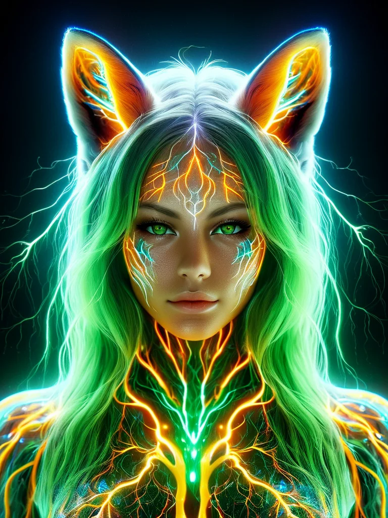 (masterpiece:1.1),(highest quality:1.1),(HDR:1),extreme quality,cg,(negative space),detailed face+eyes,1girl,fox ears,animal ear fluff,(plants:1.18),(fractal art),(bright colors),splashes of color background,colors mashing,paint splatter,complimentary colors,neon,(thunder tiger),compassionate,electric,limited palette,synthwave,fine art,tan skin,upper body,(green and orange:1.2),time stop,sy3,SMM,<lora:tranzp-sdxl:1> tranzp, visible organs, visible bones