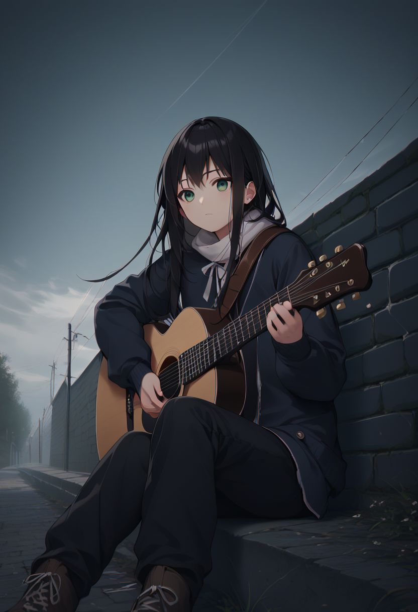 score_9, score_8_up, score_7_up, score_6_up, score_5_up, score_4_up, source_anime, 1girl, animeirl, acoustic_guitar, playing_guitar, holding instrument, guitar, face focus, black hair, long hair, sitting, bridge, pale green eyes, depressed, dark clouds, winter clothes,