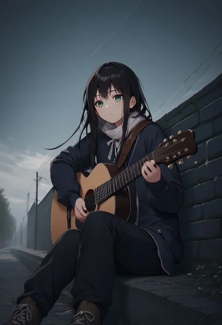score_9, score_8_up, score_7_up, score_6_up, score_5_up, score_4_up, source_anime, 1girl, animeirl, acoustic_guitar, playing_guitar, holding instrument, guitar, face focus, black hair, long hair, sitting, bridge, pale green eyes, depressed, dark clouds, winter clothes,