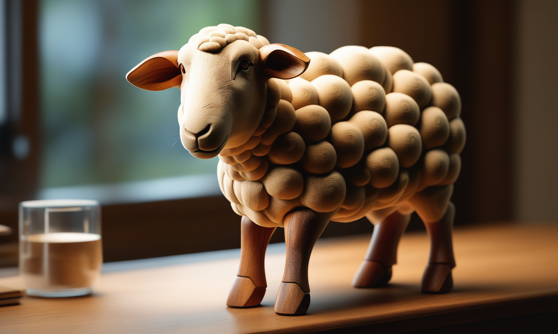 <lora:woodcarvingcd_xl-000005:0.8>,a statue of a sheep made of wooden in office scene,woodcarvingcd_xl,wood carving,indoors,chinese zodiac,wooden table,cutie,cute,still life,animal statue,front view,facing viewer,looking at viewer,(Unbelievable Digital Artwork:1.3),fine art,CGSociety,ArtStation,master works, emotional, harmonious, high budget, moody, epic, gorgeous, perfect lighting, realistic, photorealistic, photographic, photo (medium),real, moody lighting, volumetric lighting, reality ray tracing, 8K, HDR, UHD, masterpiece, best quality, highly detailed, high resolution, finely detail, extremely detailed, ultra detailed, wallpaper