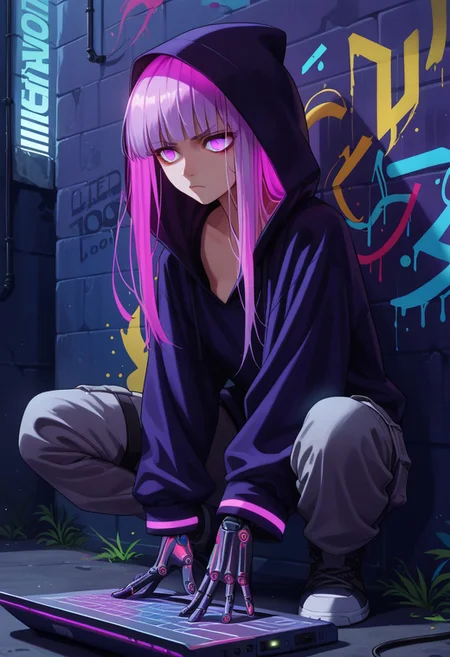 score_9, score_8_up, score_7_up, score_6_up, source_anime,
(1girl, solo, sensual creepy ghost cyberpunk), purple eyes, athletic body type, small breasts, transparent ghostly skin with digital glitch patterns, serious expression, very long hair, straight, black with purple tips, oversized black hoodie with neon symbols, tech-enhanced gloves, cargo pants with holographic straps, crouching in a dark alley, neon-lit graffiti walls, digital rain falling, glowing data streams around, eyes glowing, hands floating above a laptop.