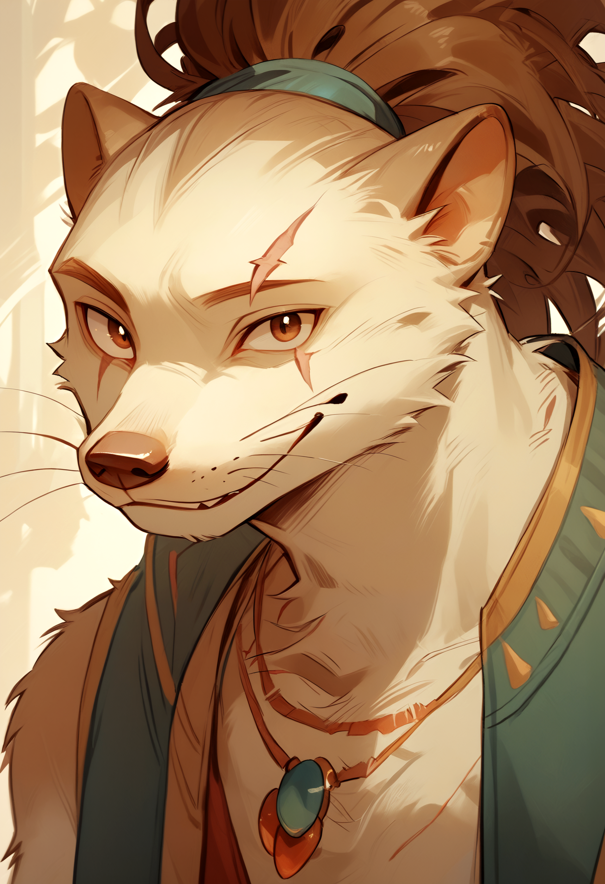 score_9, score_8_up, score_7_up, <lora:SmokeyAFK_Journey-000001>, smokey, furry male, 1boy, otter ears, brown hair, scar over eye, whiskers, necklace,vest, dreads, white fur, smile, looking at viewer,