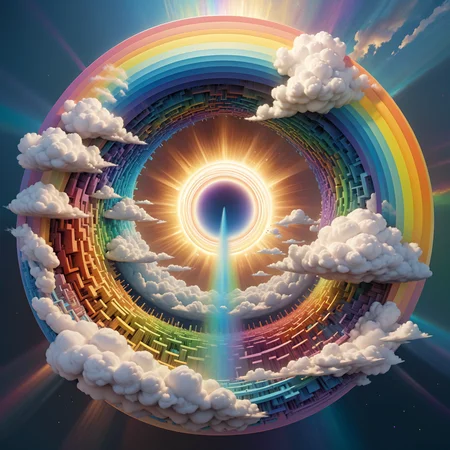 a rainbow colored circle with clouds and sun rays,award-winning render,trending on artforum,wlop : : 6 octane render : :3,entering a quantum wormhole,naoto hattori,an ultrafine painting,by Wolfgang Zelmer,spiral heavens,digital art emoji collection