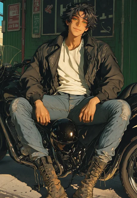 solo, 1man, green eyes. handsome, muscular. dark hair. messy hair. sexy, thick.
standing up. black motorcycle. leaning on motorcycle. helmet in hands. looking at viewer. playful smile. happy eyes.
black jacket, white shirt, blue jeans, dirty boots. standing, ankles crossed.
outside, shadows, sunlight. gas station.
cinematic lighting.
pretty boys, satisfiedpeach