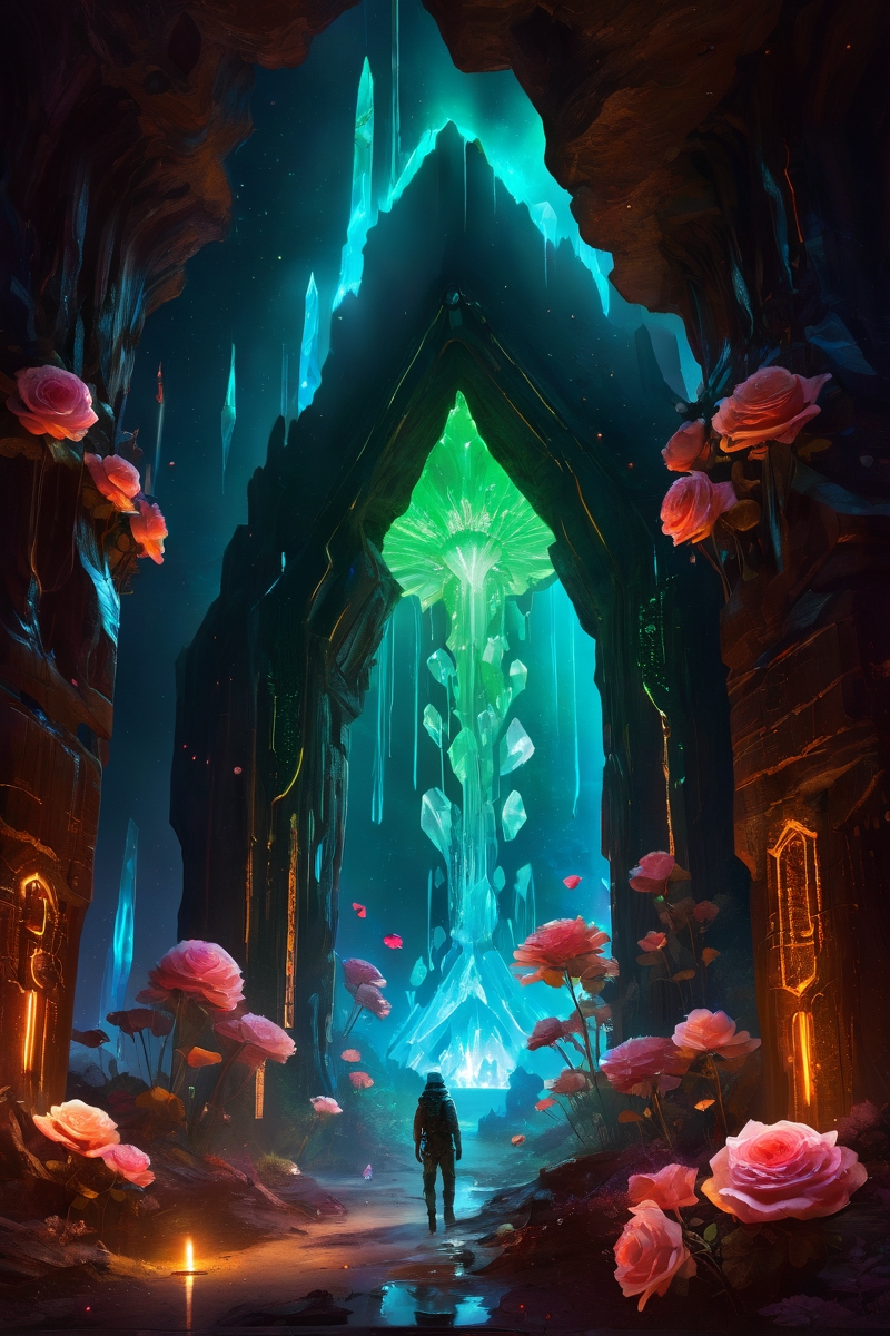 giant a luminous cavern, where giant crystals jut out from the walls and floor, their surfaces glowing faintly, illuminating the dark, subterranean space.  Art painting by Roberto Bernardi and Jesper Ejsing , featured on Fiona Staples, ,Photon entanglement dusk linking architectures, Autumn acorn caches securing quantum squirrel networks , neo victorian_void, Abyssal trench shrine with leviathan bone arches,Gamma-ray auroras ionizing cloud code,Quantum foam sparkling in space between pixels, Glass-brain library leaking traumatic memories, Cirrus fibratus radiatus converging at space elevator apex, rust-alchemists transmuting corrosion patterns, biorhythm gradients -organic clockwork,, <lora:Glowing_Neon_Cyberpunk_XL:0.15> Glowing Neon Cyberpunk, <lora:vivid_everclear:0.15> 
,<lora:betmd2:0.3> betmd, Clovers, roses, flowers, colorful, levanders, <lora:add-detail-xl:0.5>, <lora:linquivera:0.3> linquivera, liiv1, <lora:detailed_notrigger:0.7>,