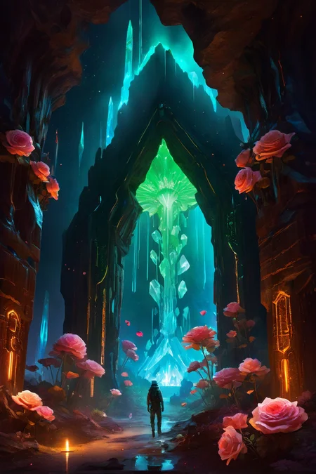giant a luminous cavern, where giant crystals jut out from the walls and floor, their surfaces glowing faintly, illuminating the dark, subterranean space. Art painting by Roberto Bernardi and Jesper Ejsing , featured on Fiona Staples, ,Photon entanglement dusk linking architectures, Autumn acorn caches securing quantum squirrel networks , neo victorian_void, Abyssal trench shrine with leviathan bone arches,Gamma-ray auroras ionizing cloud code,Quantum foam sparkling in space between pixels, Glass-brain library leaking traumatic memories, Cirrus fibratus radiatus converging at space elevator apex, rust-alchemists transmuting corrosion patterns, biorhythm gradients -organic clockwork,, <lora:Glowing_Neon_Cyberpunk_XL:0.15> Glowing Neon Cyberpunk, <lora:vivid_everclear:0.15>
,<lora:betmd2:0.3> betmd, Clovers, roses, flowers, colorful, levanders, <lora:add-detail-xl:0.5>, <lora:linquivera:0.3> linquivera, liiv1, <lora:detailed_notrigger:0.7>,