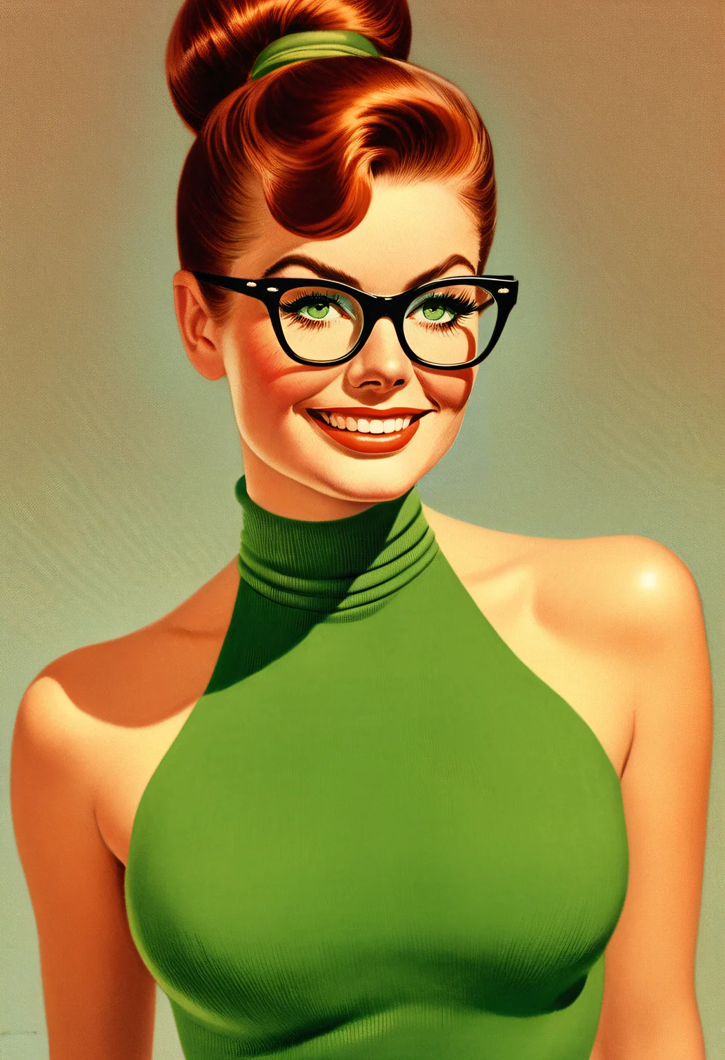 <lora:VintageComix_SDXL_v10:0.9>, VintageComix, vintage, retro aesthetic, comic art, 1girl, (sexy:1.2), pov, auburn hair, eyeglasses, high ponytail, green eyes, light blush, light makeup, (large perky breasts, erect nipples:1.5, topless, naked breasts:1.5), pretty smile, navel, soft light, sharp focus, simple background