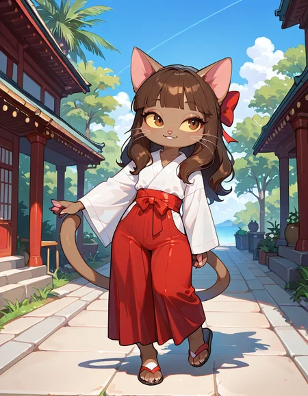masterpiece, best quality, very aesthetic, absurdres,
outdoors, 
full body, posing, 
seductive smile, parted lips, long eyelashes,
 <lora:Ivy_Pepper_v01_NAIXL:1>
1vyP3pp3r,1girl,solo,furry,furry female,cat girl,cat ears,brown hair,hair bow,long hair,blunt bangs,brown eyes,yellow sclera,animal nose,whiskers,body fur,cat tail,