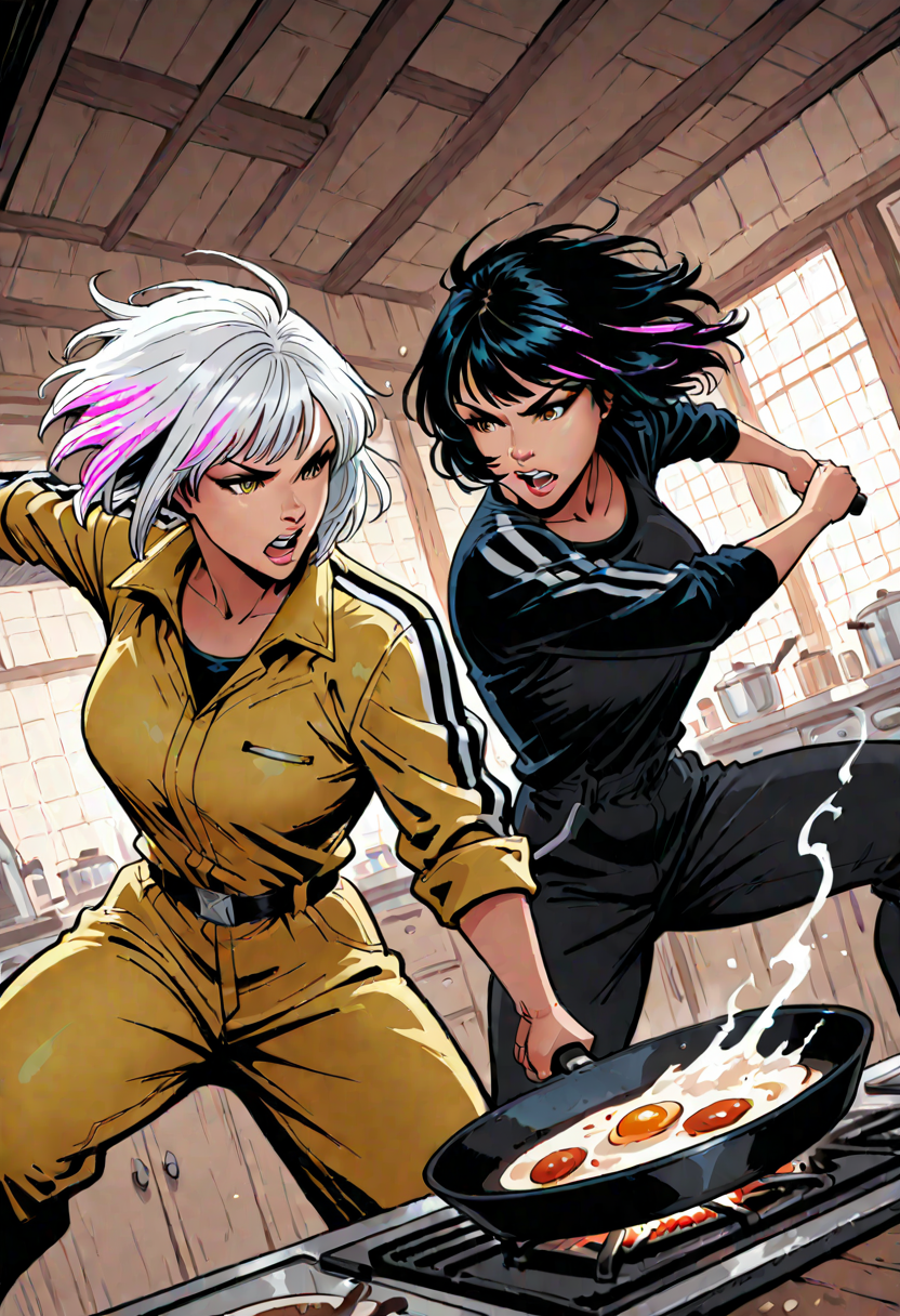 high resolution, high-quality, high resolution, high resolution, masterpiece,, dutch view, artist:schmedefus3,   fierce woman, yellow jumpsuit, black stripes, gripping frying pan, action pose, mid-spin, intense expression, wide stance, dramatic steam, kitchen battle, cooking breakfast, cinematic lighting, neon highlights, deep shadows, high contrast, tarantino-inspired, dynamic composition
